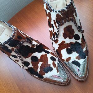 NWT Silver Toe Western Cow Print Animal Hair Heeled Mules
